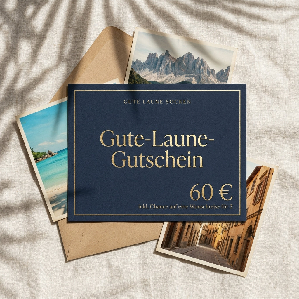 Gute-Laune-Gutschein über 60 € auf Leinen mit Reise-Postkarten