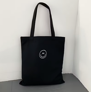 Schwarze Canvas Tasche mit Smiley-Druck – Tote Bag Stofftasche Gute Laune Geschenk