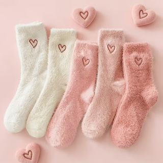 Heart Fluff Kuschelsocken Damen 5er Set mit gesticktem Herz in Creme und Rosa