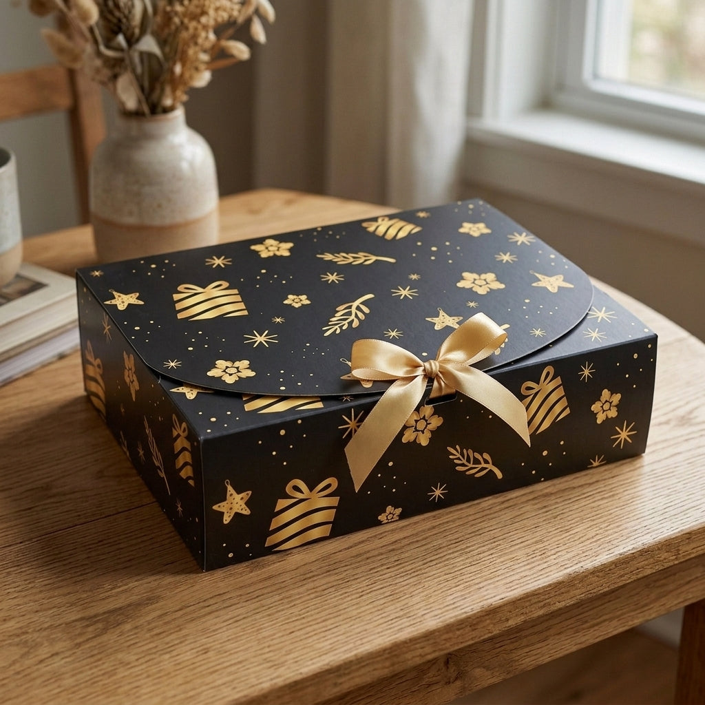 Schwarz-goldene Weihnachts-Geschenkbox für Socken mit goldener Schleife