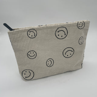 Beige Kordtasche mit Smiley-Muster – Kosmetiktasche Cord Gute Laune Geschenk