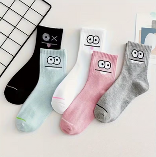 Knöchelsocken Damen 5er Set verschiedene lustige Augen-Druck Motive – schwarz weiß rosa grau mint Baumwolle Gute Laune Socken