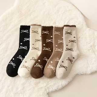 Cozy Bow Kuschelsocken Damen 5er Set mit Schleifen-Motiv in Braun und Creme