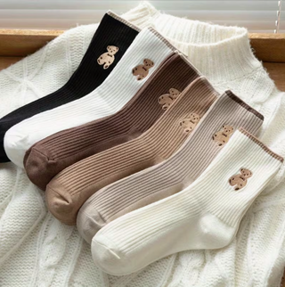 Lange gerippte Socken Damen 5 Paar gestickter Teddy-Bär – schwarz weiß beige braun Baumwollsocken Gute Laune Socken