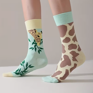 Lange Socken Damen 1 Paar Giraffen-Motiv mint beige – lustige Motivsocken Tier Gute Laune Socken