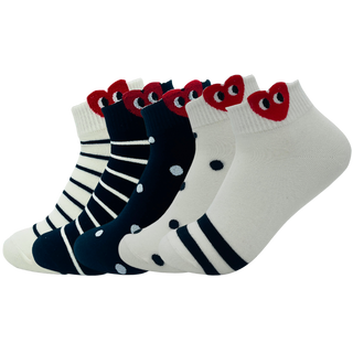 Schwarz weiße Sneakersocken Damen 5er Set Herz mit Augen am Bund Streifen Punkte – Gute Laune Socken
