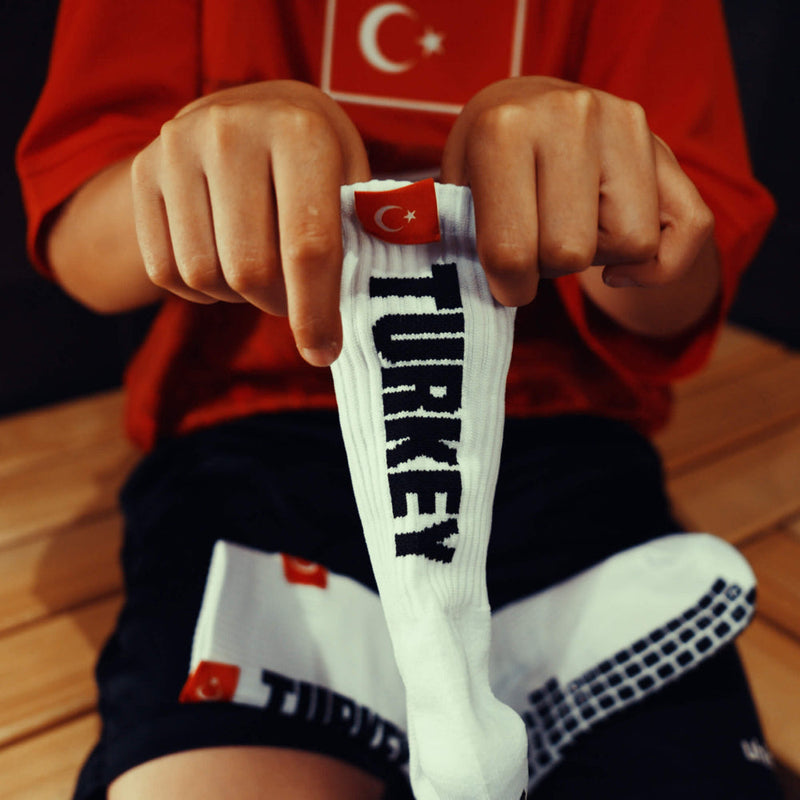 Türkei WM Gripsocken weiß gestickter Flagge TURKEY Schriftzug – Anti-Rutsch Fußball Socken Sport
