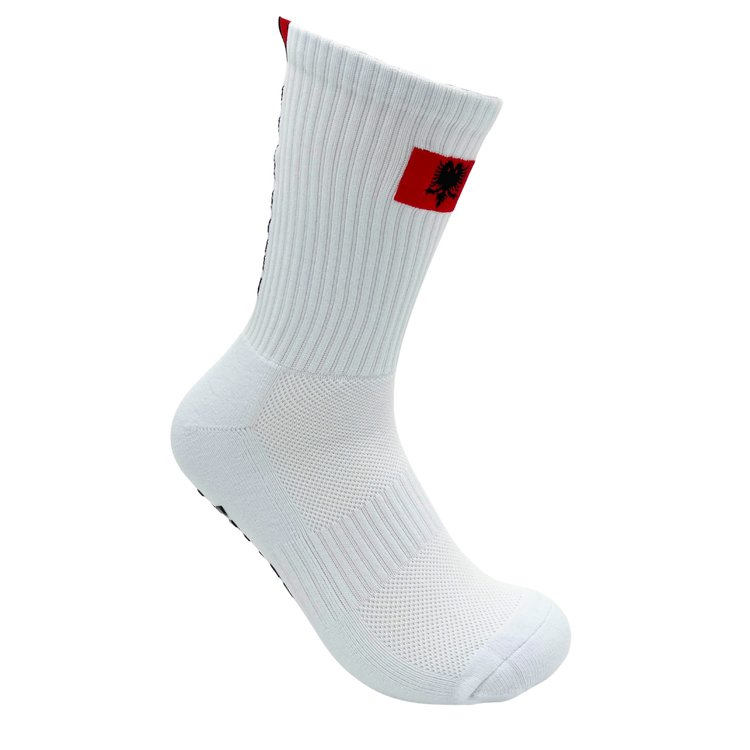 Weiße Albanien Gripsocken mit gestickter Flagge – lange Sportsocken WM 2026 Anti-Rutsch