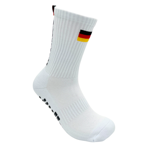 Weiße Deutschland Gripsocken mit gestickter Flagge – lange Sportsocken WM 2026 Anti-Rutsch