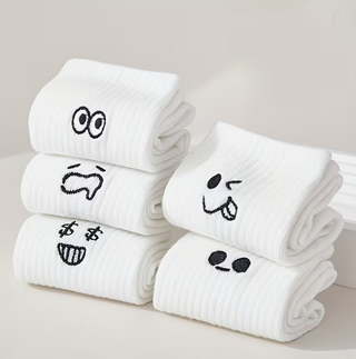 Weiße gerippte Socken Damen 5er Set verschiedene lustige Cartoon-Gesichter gestickt – Baumwollsocken Gute Laune Socken