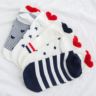 Weiße Sneakersocken Damen mit rotem Herz an der Ferse und Streifen – 5er Set Baumwolle